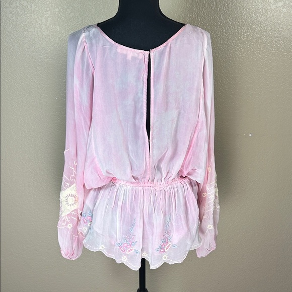 LoveShackFancy Pink Sheer Embroidered Blouse long Billowy Sleeves Size Large - Picture 4 of 10